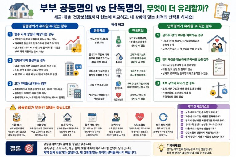 부부 공동명의 vs 단독명의, 집 살 때 뭐가 더 유리할까? 세금·대출·건보료까지 정리